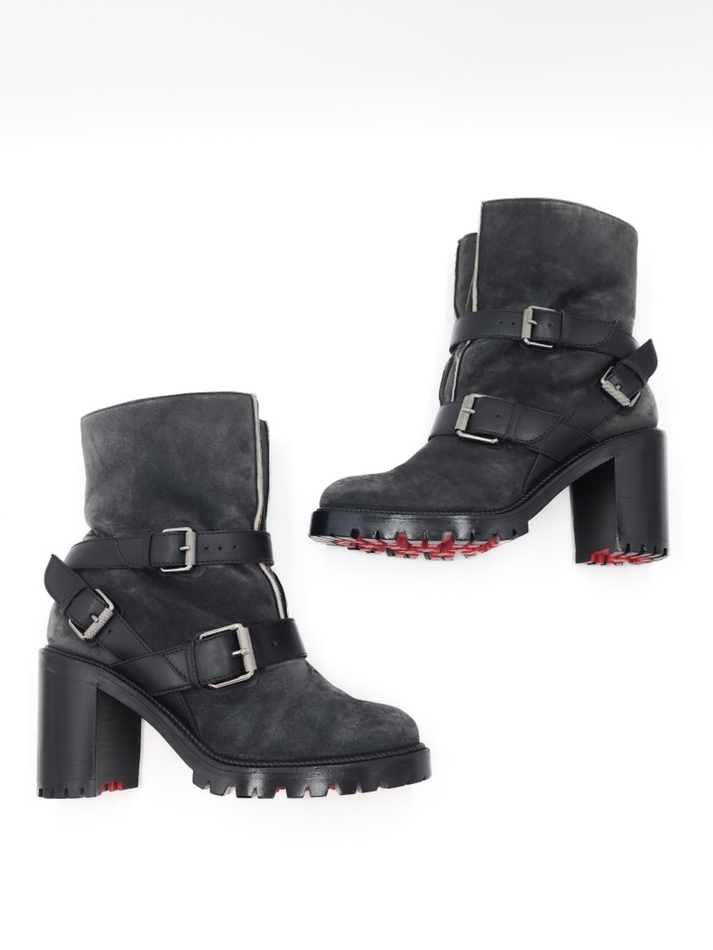Christian Louboutin Shearling Nubuck Leather Strap Designer Boots Shoes EU 37